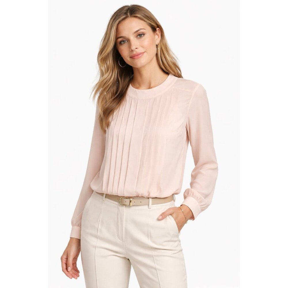Blush Pleated Blouse M long Sleeve Sheer PolyesteTop Workwear Minimalis feminine